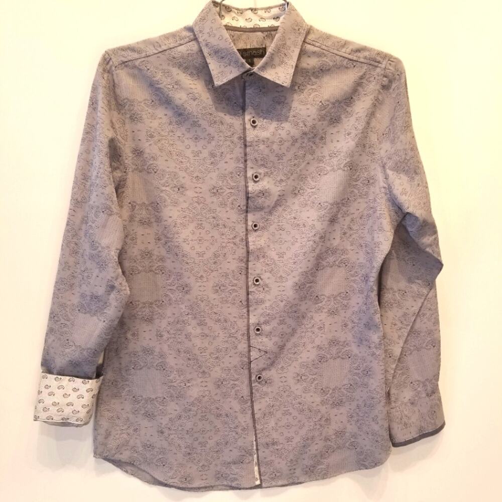 Smash Mens Gray Paisley Spread Collar Dress Shirt Long Sleeve Comfortable Size S